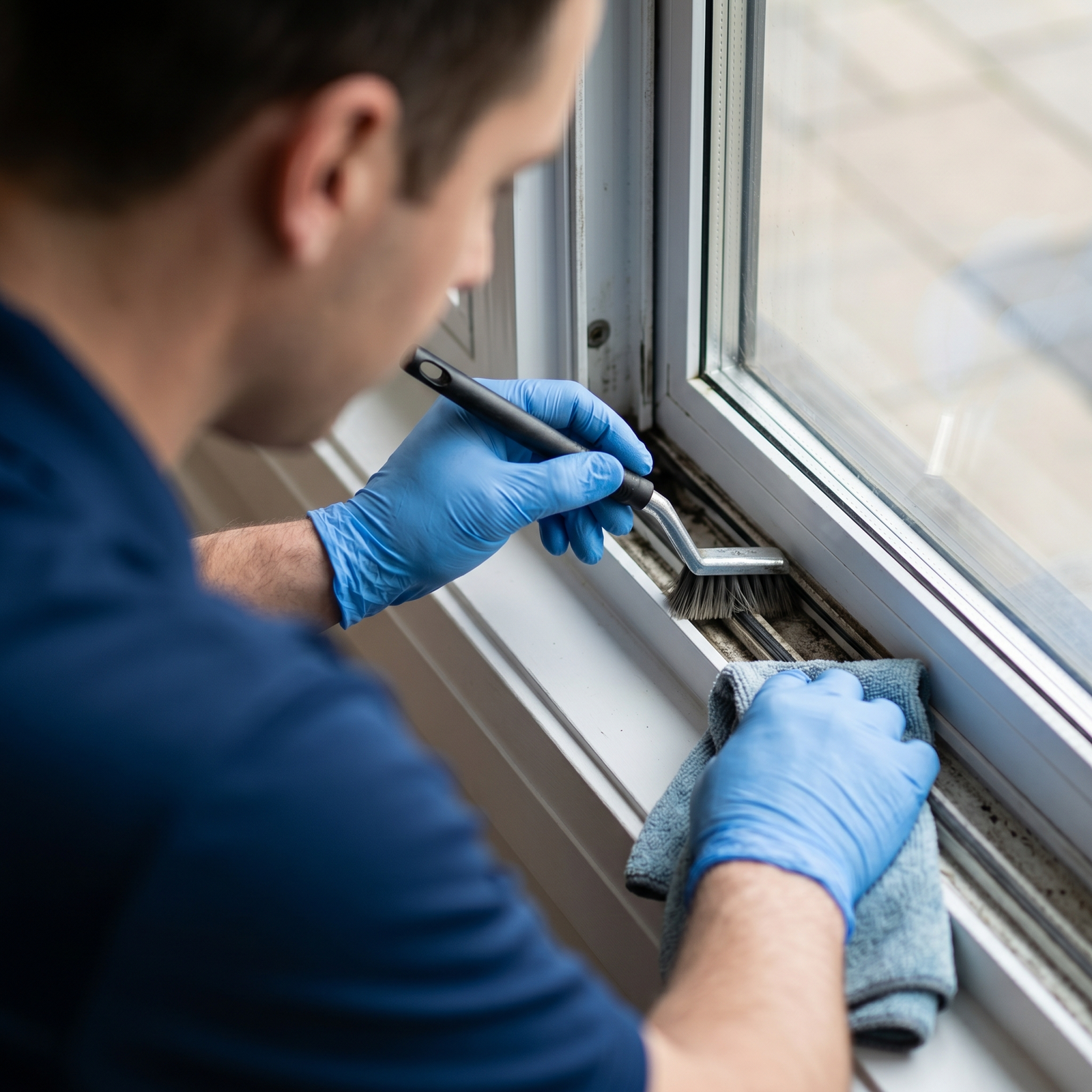 Technician cleaning indoor living room windows